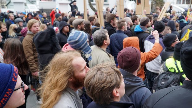 People protest in Reykjavik on Tuesday amid outrage over revelations Prime Minister Sigmundur Gunnlaugsson used a shell company to conceal a conflict of interest.