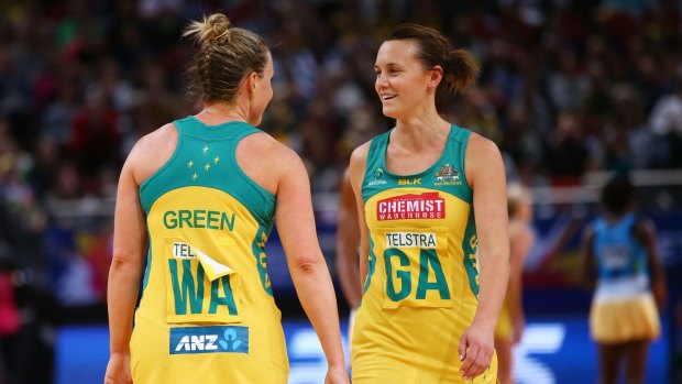 Australia's Kimberlee Green and Natalie Medhurst during the match against Barbados.