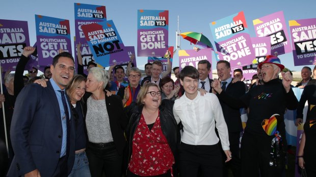 Supporters including Professor Kerryn Phelps, Christine Forster, Alex Greenwich, Magda Szubanski  and Anna Brown during a rally on the front lawn of Parliament House ahead of the vote on the Marriage Amendment Bill.