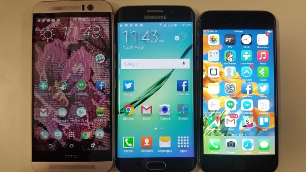 Side by side: The HTC One M9, Samsung S6 edge and iPhone 6.