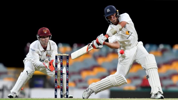 Shot in the dark: Bushrangers batsman Chris Tremain despatches a ball to the boundary under lights at the Gabba.