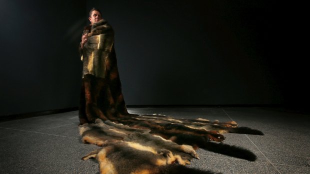 Peter Waples-Crowe in his queer version of a possum skin cloak. 
