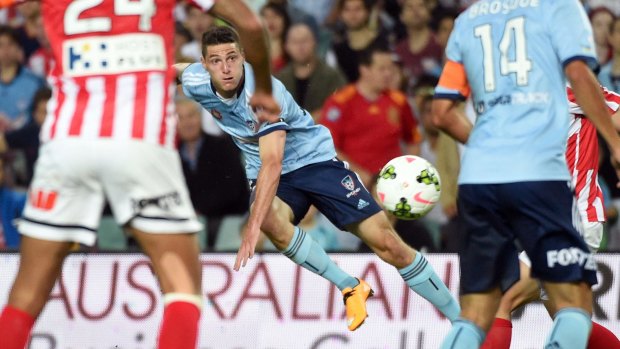 Shoot to thrill: Corey Gameiro fires another shot towards goal on Saturday night.