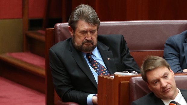 Derryn Hinch was caught snoozing during the Governor-General's speech on the opening day of Parliament. The photo would have been illegal if taken on any other day. 