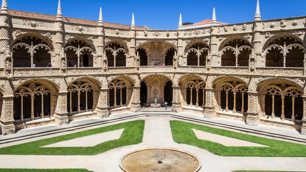 Manueline cloister of Jeronimos monastery in Lisbon, Portugal. 