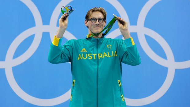 Australia's gold medal winner Mack Horton celebrates on the podium during the 2016 Summer Olympics.