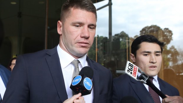 Tough times: Former Sydney Roosters player Shaun Kenny-Dowall leaves Downing Centre Court last June after pleading guilty of drug possession.