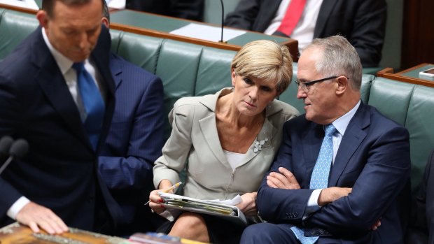 Question time: Prime Minister Tony Abbott, Julie Bishop, and Malcolm Turnbull face a defining moment when the Liberal Party meets on Tuesday.