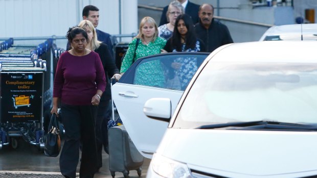 Myuran Sukumaran's mother, Raji, arrives at Sydney International Airport on Saturday.