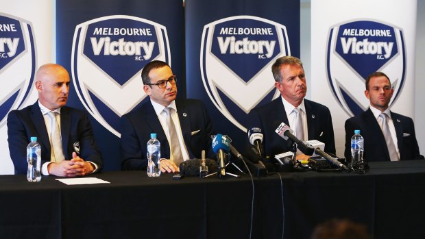 From left: Victory coach Kevin Muscat, chairman Anthony Di Pietro, CEO Ian Robson and acting captain Leigh Broxham present a united front on Wednesday.