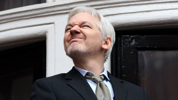 Julian Assange outside the Ecuadorian Embassy this year.