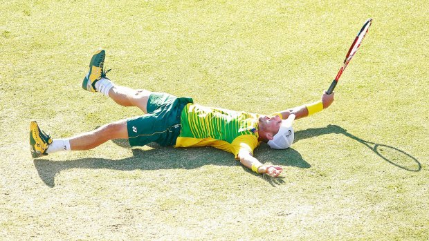 Lleyton Hewitt celebrates the win.