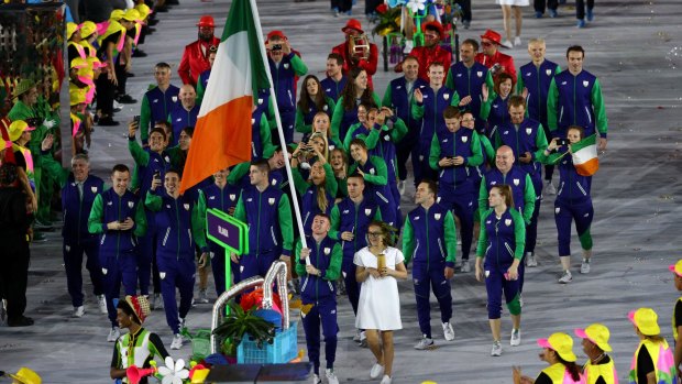 Flag bearer Patrick Barnes of Ireland leads his team during the Opening Ceremony of the Rio 2016 Olympic Games at Maracana Stadium on August 5, 2016 in Rio de Janeiro, Brazil.