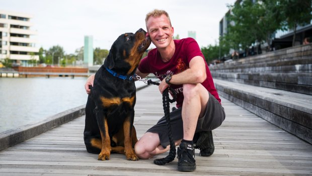 Jarrad Houghton with his dog Basil came to the rescue of a child that fell into the lake at Kingston Foreshore.