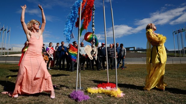 Supporters of marriage equality on the lawn of Parliament House.