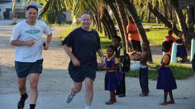 Opposition Leader Bill Shorten (right) and immigration spokesman Richard Marles on the Marshall Islands on Tuesday.