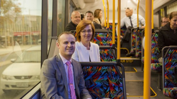 ACT Chief Minister Andrew Barr and Transport Minister  Meegan Fitzharris on the new "city loop" bus service.