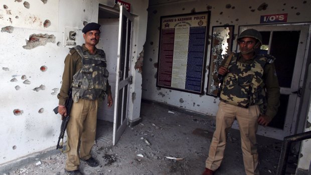 Indian security personnel stand guard after the attack.