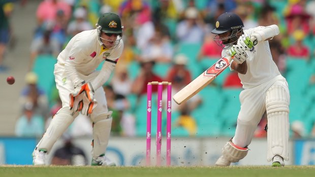 Bhuvneshwar Kumar nicks a ball to the slips where Shane Watson claimed a catch.