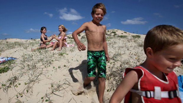 Fun in the sun: Children play in the sand dunes at Cronulla Beach on Saturday.