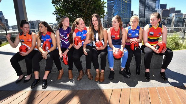 AFLW top 8 draft picks-Jodie Hicks-Giants, Monique Conti- Bulldogs,Stephanie Cain - Dockers Isabelle Huntington- Bulldogs, Chloe Molloy- Collingwood,Eden Zanker- Melbourne, Jordan Zanchetta- Lions and Jess Allen- Crows. 18th October 2017. The Age Fairfaxmedia News Picture by JOE ARMAO