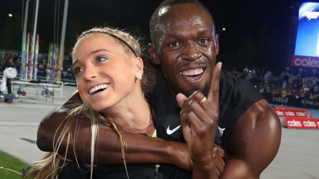 Win-win: Usain Bolt and Australia's Genevieve LaCaze celebrate victory.