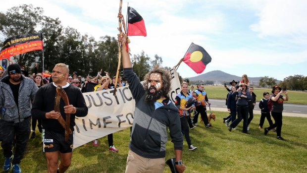 Clinton Pryor  approaches the Aboriginal Tent Embassy and the end of his walk.