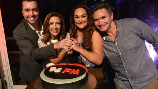 96FM breakfast show hosts Carmen and Fitzi (left) and national drive show due Hughesy and Kate (right)have been axed from the station's 2018 line-up. 