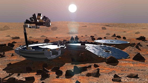 A picture released in May 2002 shows a simulation of Beagle 2 on the martian surface. 