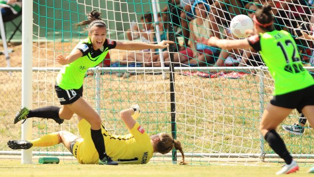 Canberra United defender Rebecca Kiting celebrates her first W-League goal in Sunday's 3-0 win against the Western Sydney Wanderers at McKellar Park.