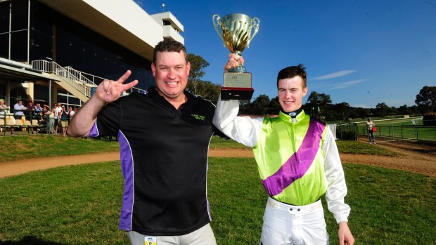 Queanbeyan trainer Joe Cleary, left, is helping out his mate and jockey John Kissick.