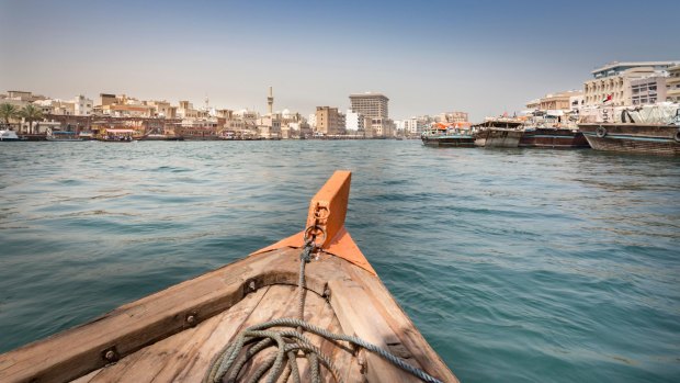 The view to Bur Dubai from a water taxi on the Dubai Creek.