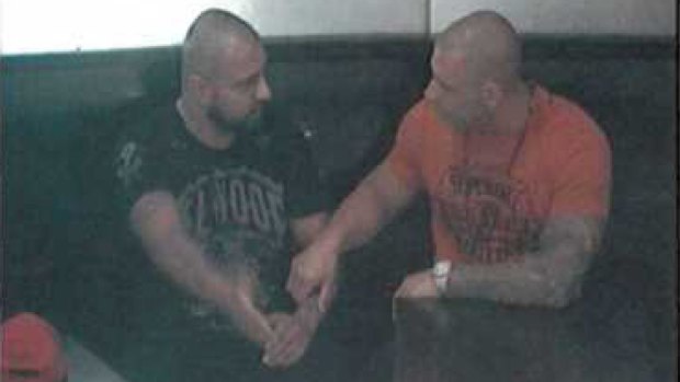CCTV footage shows Brothers For Life leader Farhad Qaumi (left) and Pasquale Barbaro at Star City casino in 2014. 