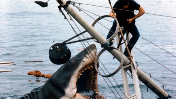 A scene from the finale of the movie <i>Jaws</i>, whose 40th anniversary inspired the makers of <em>Shark</em>.