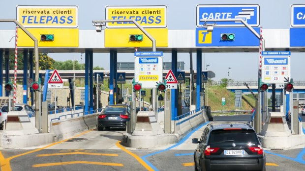 Cars at Autostrade Toll in Italy.