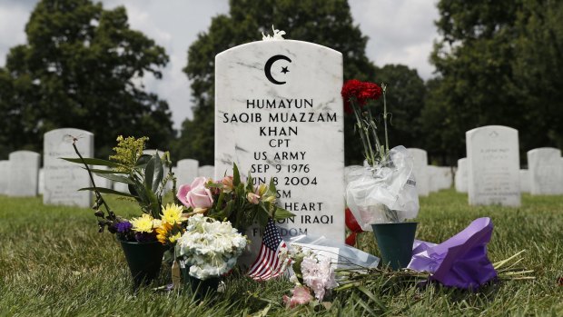 The tombstone of US Army Captain Humayun Khan in Section 60 at Arlington National Cemetery in Arlington, Virginia.