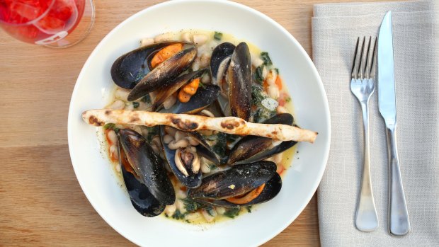 Mussels, cime di rape, cannellini beans and chilli.