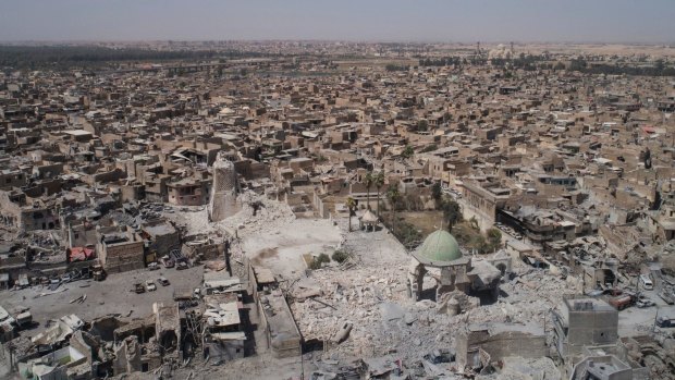 An aerial view of the destroyed landmark al-Nuri mosque in the Old City of Mosul, Iraq.