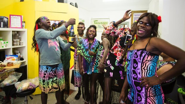 The Sistagirls from the Tiwi Islands prepare for the Sydney Gay and Lesbian Mardi Gras at Marked Hair Salon in Newtown.