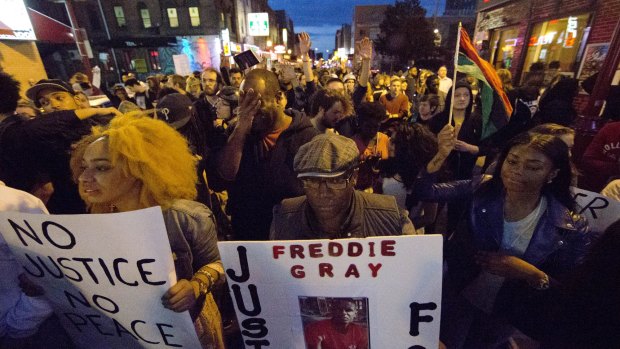 Protesters march after a rally at City Hall in Philadelphia on Thursday. The event in Philadelphia followed days of unrest in Baltimore.