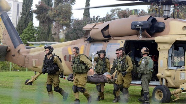 The Israeli soldier wounded at the Gaza border was brought by helicopter to a hospital in Beersheba, Israel.