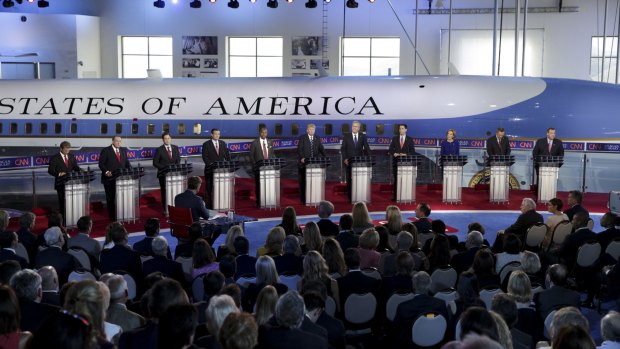 The 11 candidates on stage at the presidential library's Air Force One pavilion, where the presidential jet that served from 1973 to 2001 is housed.