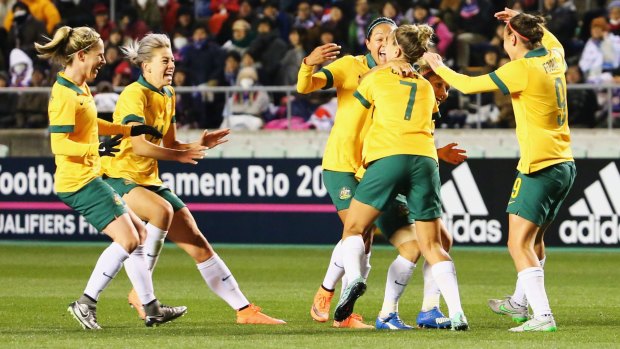 The Matildas celebrate Katrina Gorry's goal in their clash against Japan.