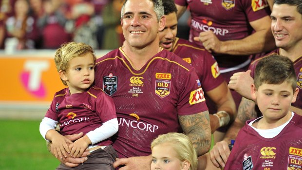 Corey Parker of the Maroons celebrates victory with family and team mates after game two of the 2016 State Of Origin series.