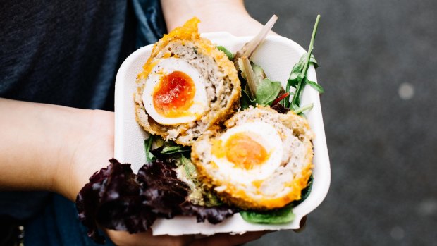 Scotch Eggs for sale at a food market in London.