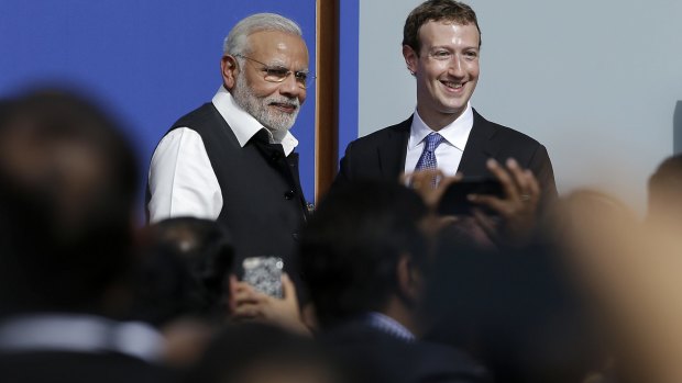 Prime Minister of India Narendra Modi (left) with Facebook chief executive Mark Zuckerberg after speaking at Facebook in Menlo Park, California.