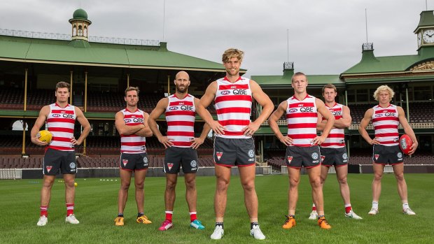 State of the Swans: Craig Bird, Ben McGlynn, Jarrad McVeigh, Dane Rampe,  Kieren Jack, Harry Cunningham and Isaac Heeney at the SCG.