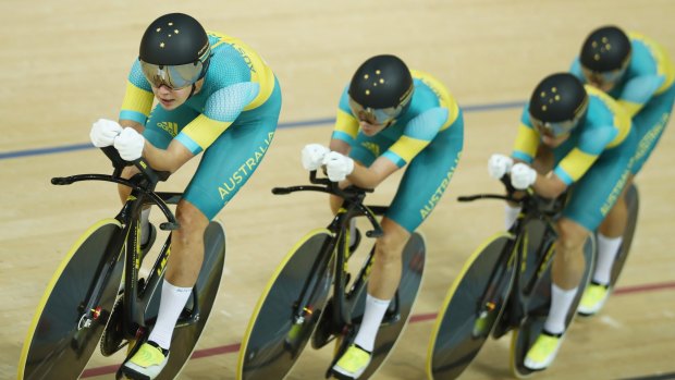 Team Australia competes in the Women's Team Pursuit on Day 8 of the Rio 2016 Olympic Games when the USA set a new world record.