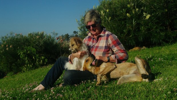 Author Susan Duncan with her dogs, Scruff and Red Girl, on her farm in the Manning Valley, NSW.
