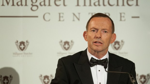 Former Prime Minister Tony Abbott gives The Margaret Thatcher Lecture at a banquet for The Margaret Thatcher Centre held at London's Guildhall. 